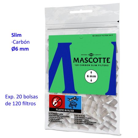 120 Filtros Mascotte Slim 6 mm Carbón Expositor con 20 bolsas