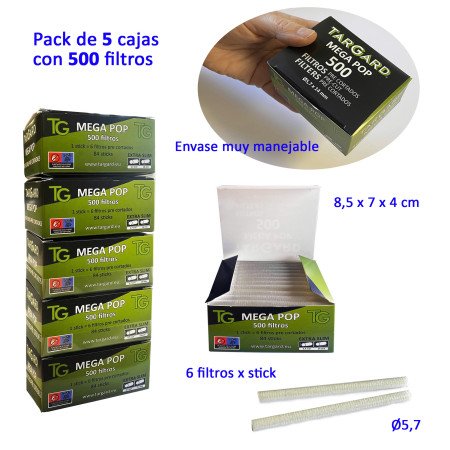 Pack  de  5  cajas  con  500  filtros  MEGA  POP  Tar  Gard  precortados