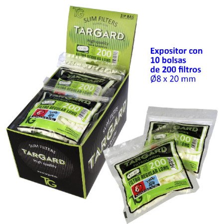 200  filtros  8  mm  x  20  mm.  REGULAR  LONG  Expositor  Tar  Gard  con  10  bolsas