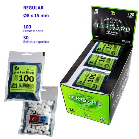 100  filtros  REGULAR  8  mm  Expositor  Tar  Gard  con  30  bolsas