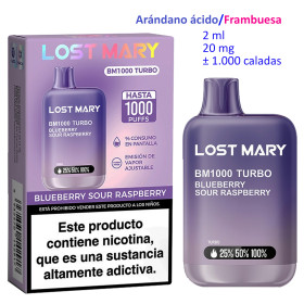 Blueberry Sour Raspberry 20 mg. Lost Mary BM1000 TURBO Vaper desechable