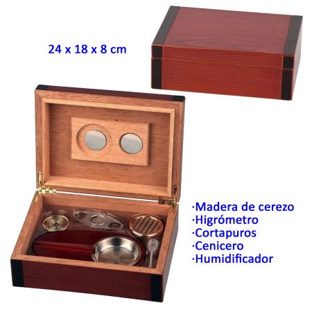 Humidor en madera de cerezo con higrómetro, cortapuros, cenicero y...