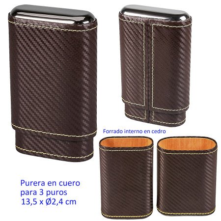 Purera en cuero marrón para 3 puros