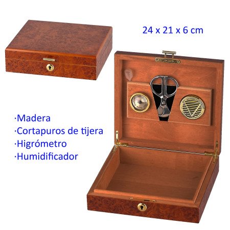 Humidor madera con higrómetro, tijeras y humidificador 24 x 21 x 6 cm.