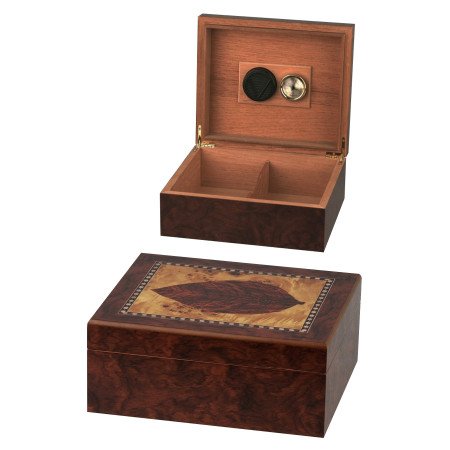 Humidor con higrómetro y humidificador magnéticos Hoja acabado taraceado