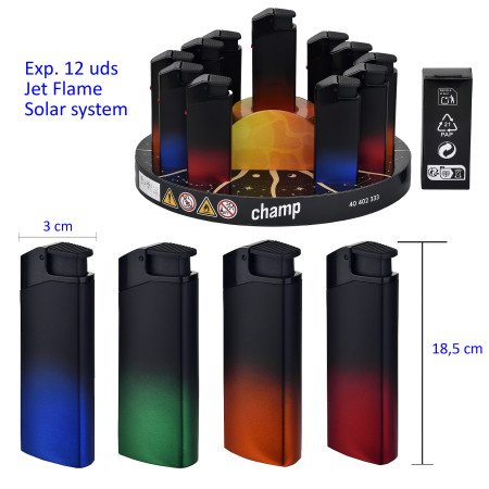 Expositor con 12 encendedores jetflame Champ solar system