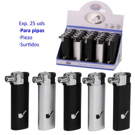 Expositor con 25 encendedores piezo para pipa Cool negro/plata surtidos