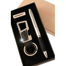 Estuche con bolígrafo y llavero abrebotellas/linterna metálico color gun...