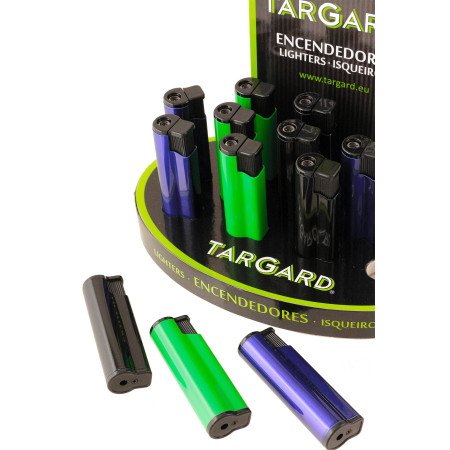 Expositor con 12 encendedores turbo negro, verde y azul
