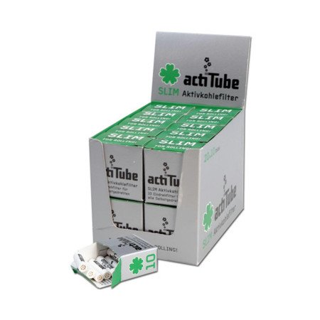 Expositor con 20 Cajas con 10 filtros de Ø7 mm. Actitube de carbón activo.