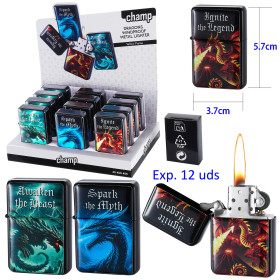 Expositor con 12 encendedores gasolina Champ Dragons