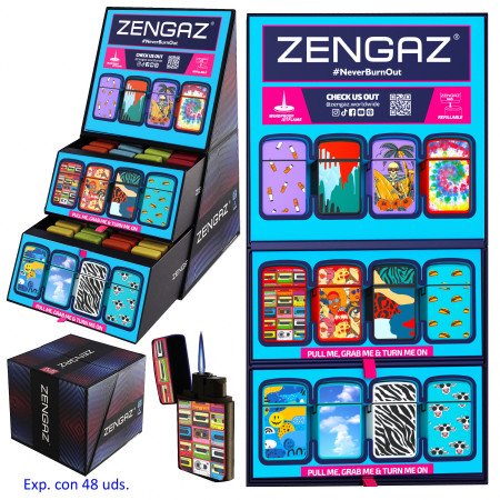 Expositor CUBO con 48 encendedores turbo jet ZL-12 S26 diseños surtidos