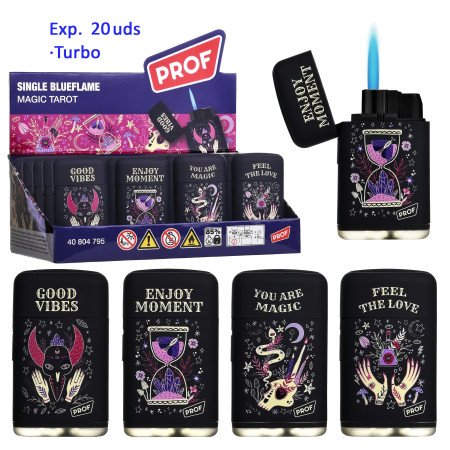 Expositor con 20 encendedores jet flame Prof Magic Tarot