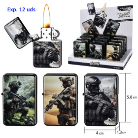 Expositor con 12 encendedores gasolina Champ World Troops