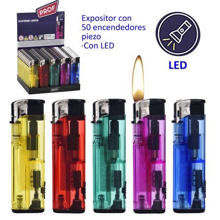 Expositor con 50 encendedores piezo Prof translúcidos con led