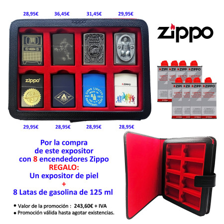 Expositor de piel Zippo con 8 encendedores surtidos + 8 latas de gasolina