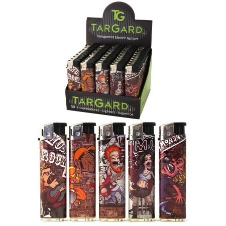 Expositor con 50 encendedores piezo eléctricos recargables Rock