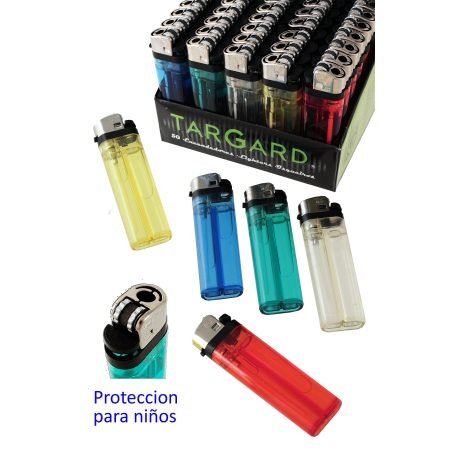 Expositor con 50 encendedores TG Tar Gard modelo Vs1 transparentes