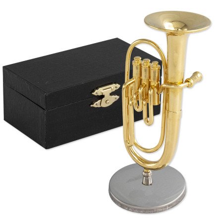 Trombón  metálico  decorativo  miniatura.  Con  soporte  metálico  y  estuche