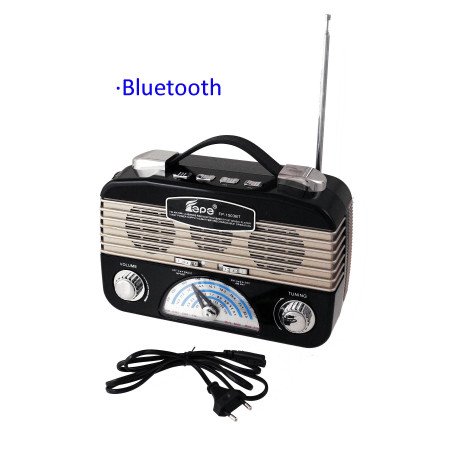 Radio  retro  negra  multibanda  recargable  con  linterna  de  leds  orientable.