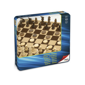 Ajedrez  -  Damas  de  Madera  en  caja  de  metal