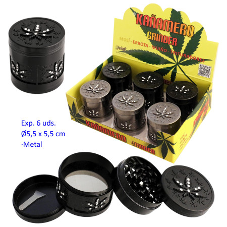 Ø  5,5  cm.  Expositor  con  6  trituradores  (grinders)  Kañamero  4  partes