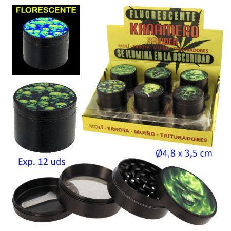 Ø  4,8  cm.  Expositor  con  12  trituradores  metal  Kañamero  calaveras  4  partes