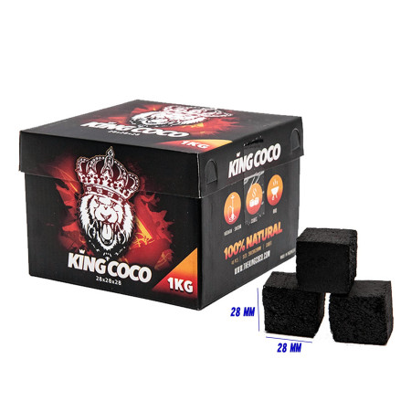 Caja  de  1  Kg.  Carbón  vegetal  KING  COCO  con  dados  de  2,8x2,8x2,8  cm